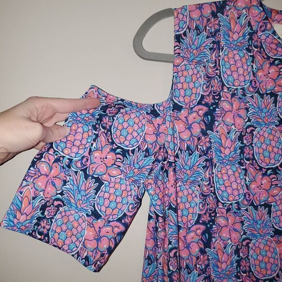 SIMPLY SOUTHERN PINK BLUE PINEAPPLE PRINT COLD SHOULDER STRETCH DRESS W/ POCKETS - Picture 5 of 5